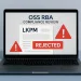 Illustration of OSS RBA compliance review showing a digital LKPM report highlighted with warning flags on a laptop screen